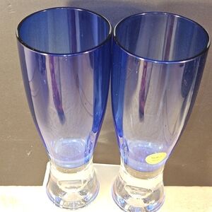 BLOCK “STOCKHOLM” Water Goblet 7 5/8”H Cobalt Blue w/Air Bubble Base Poland(2)